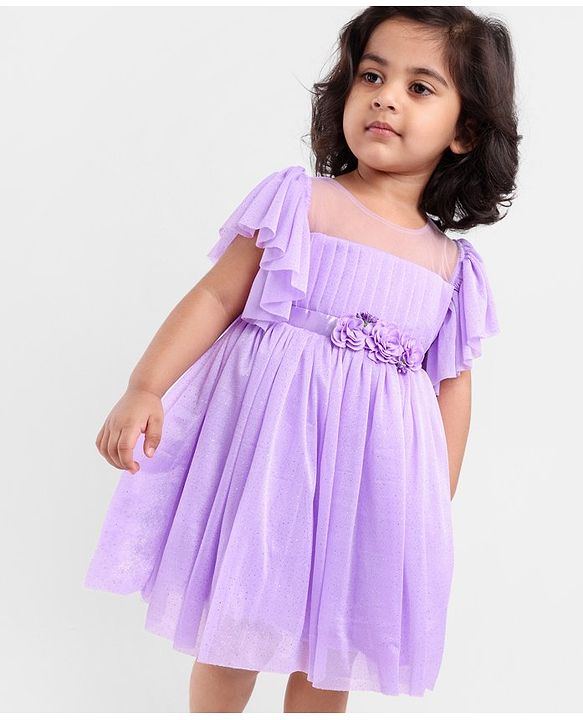 Babyhug Flutter Sleeves Shimmer Party Frock with Floral Corsage - Lavender