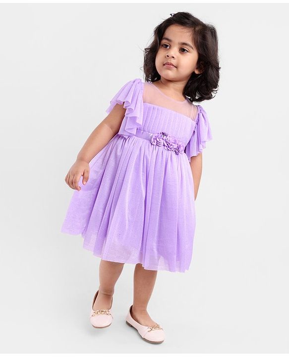 Babyhug Flutter Sleeves Shimmer Party Frock with Floral Corsage - Lavender