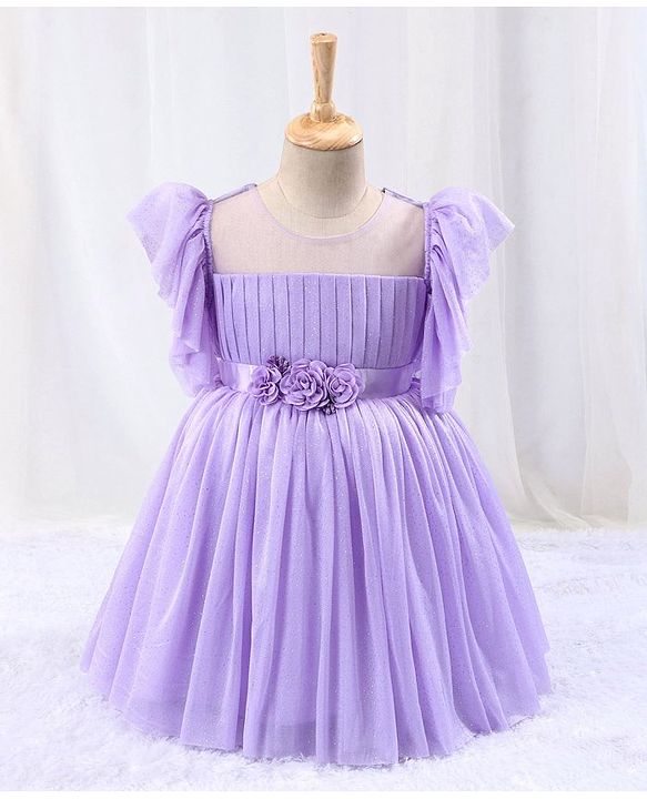 Babyhug Flutter Sleeves Shimmer Party Frock with Floral Corsage - Lavender