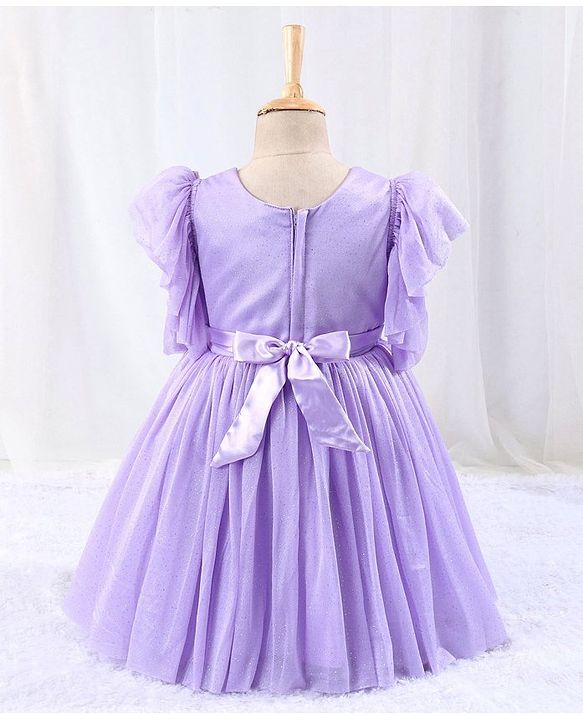 Babyhug Flutter Sleeves Shimmer Party Frock with Floral Corsage - Lavender