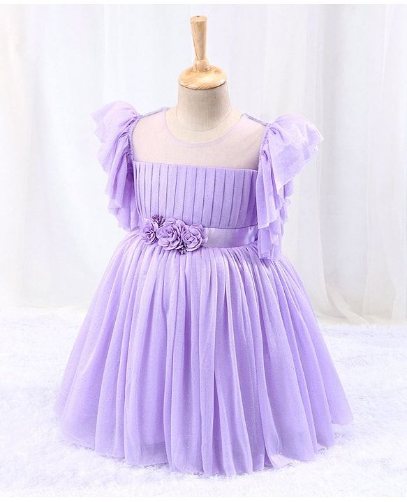 Babyhug Flutter Sleeves Shimmer Party Frock with Floral Corsage - Lavender