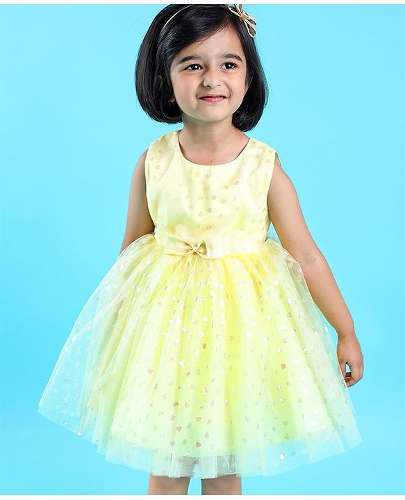 Babyhug Sleeveless Party Frock with Bow Applique Foil Heart Print - Light Yellow