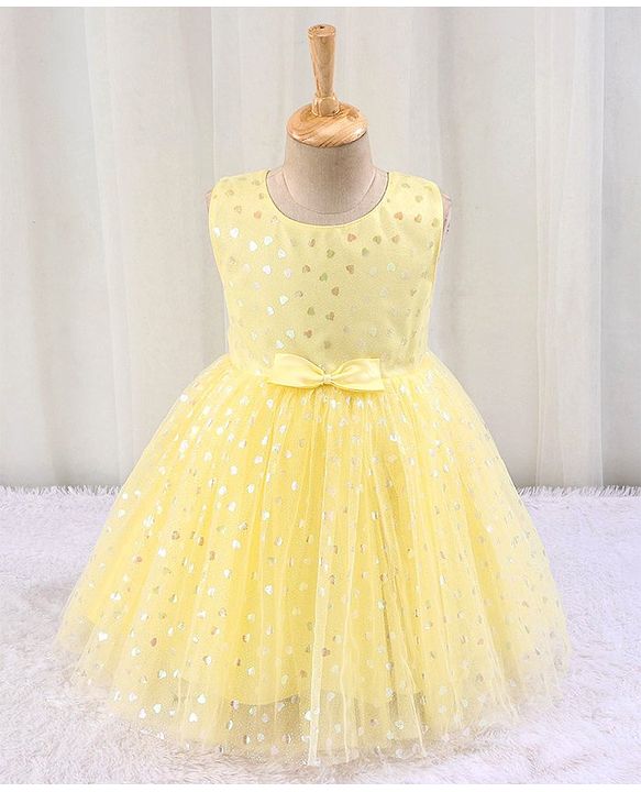 Babyhug Sleeveless Party Frock with Bow Applique Foil Heart Print - Light Yellow