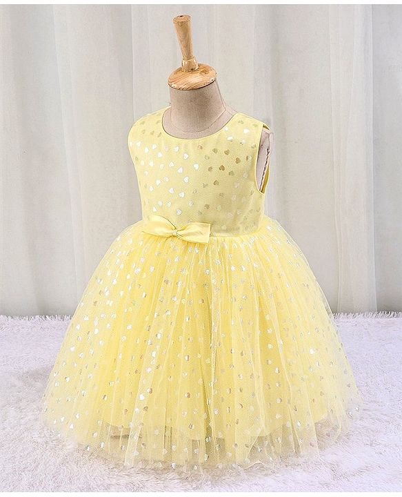 Babyhug Sleeveless Party Frock with Bow Applique Foil Heart Print - Light Yellow