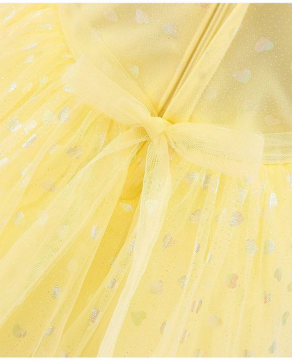 Babyhug Sleeveless Party Frock with Bow Applique Foil Heart Print - Light Yellow