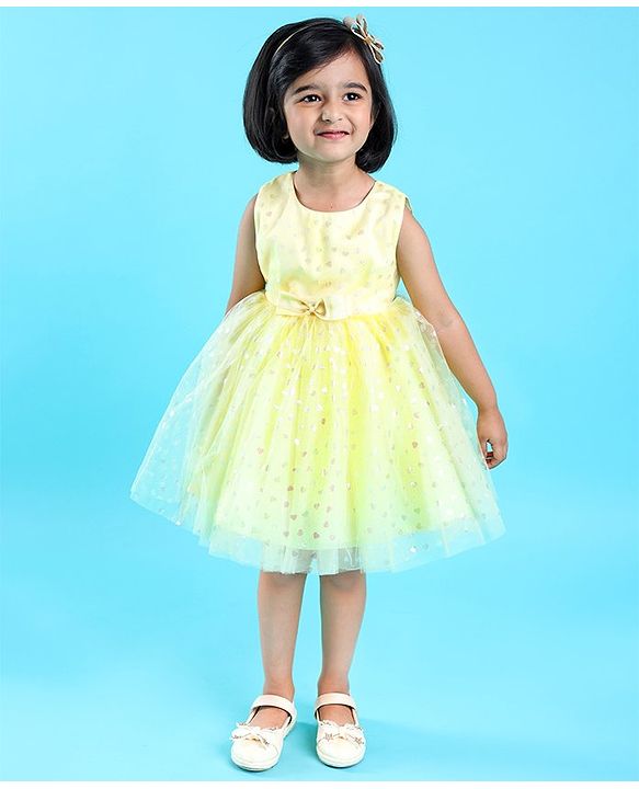 Babyhug Sleeveless Party Frock with Bow Applique Foil Heart Print - Light Yellow