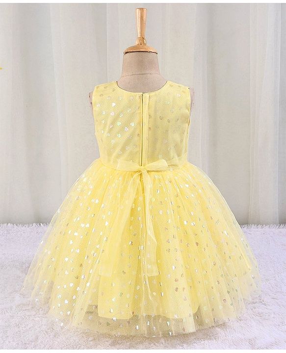 Babyhug Sleeveless Party Frock with Bow Applique Foil Heart Print - Light Yellow