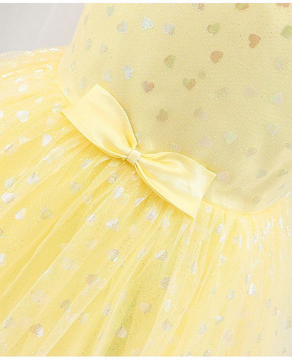 Babyhug Sleeveless Party Frock with Bow Applique Foil Heart Print - Light Yellow