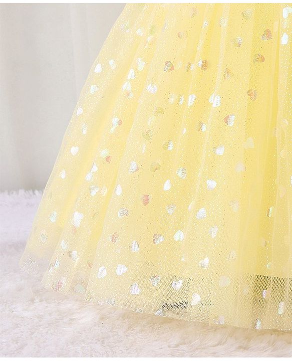 Babyhug Sleeveless Party Frock with Bow Applique Foil Heart Print - Light Yellow