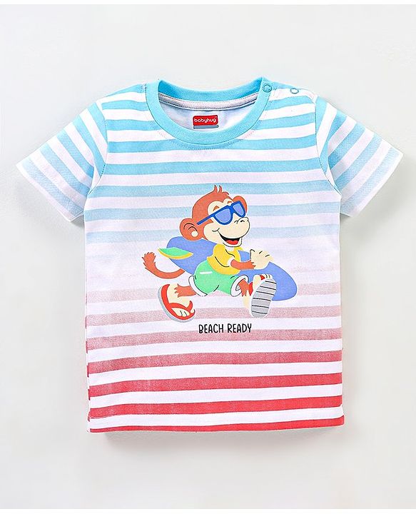 Babyhug Cotton Half Sleeves T-Shirt Striped - White & Blue