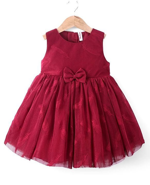 Babyhug Woven Sleeveless Party Frock with Bow Applique & Glitter Embellished - Cherry Red