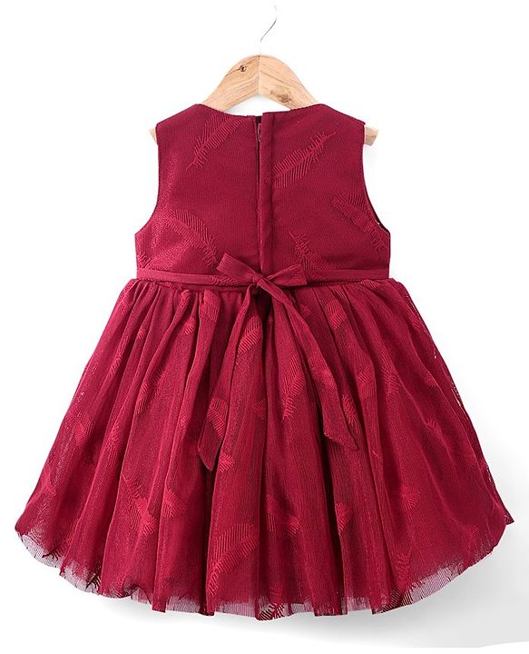 Babyhug Woven Sleeveless Party Frock with Bow Applique & Glitter Embellished - Cherry Red