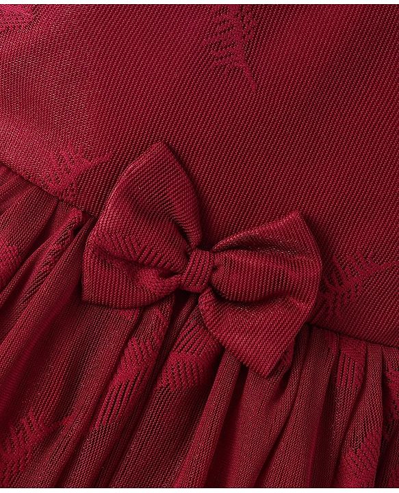 Babyhug Woven Sleeveless Party Frock with Bow Applique & Glitter Embellished - Cherry Red