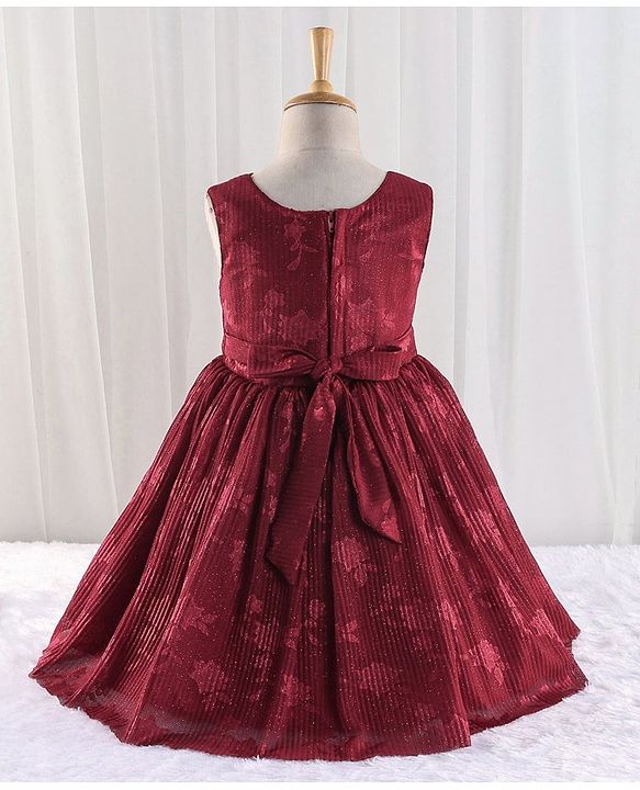 Babyhug Woven Sleeveless Party Frock with Bow Applique & Glitter Embellished - Cherry Red