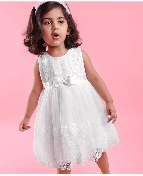 Babyhug Woven Sleeveless Party Frock with Floral Lace Detailing - White