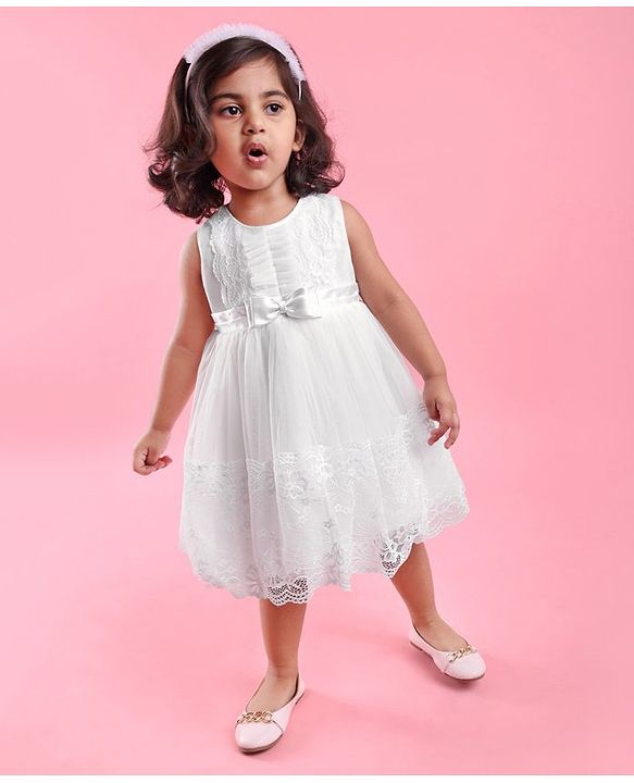 Babyhug Woven Sleeveless Party Frock with Floral Lace Detailing - White