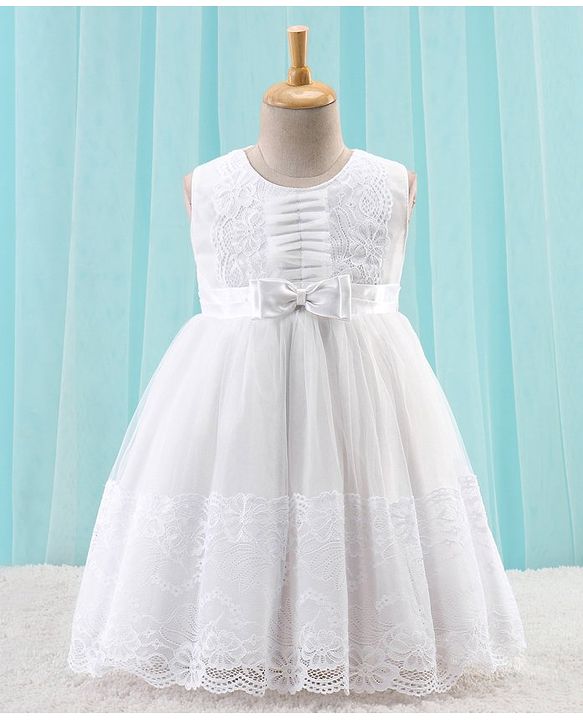 Babyhug Woven Sleeveless Party Frock with Floral Lace Detailing - White