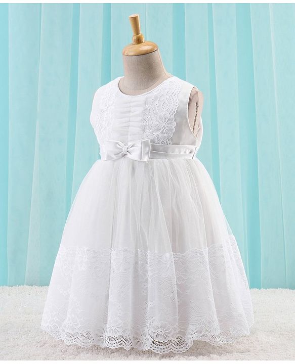 Babyhug Woven Sleeveless Party Frock with Floral Lace Detailing - White