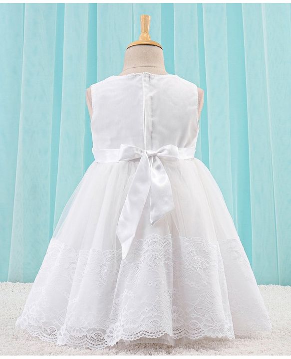 Babyhug Woven Sleeveless Party Frock with Floral Lace Detailing - White