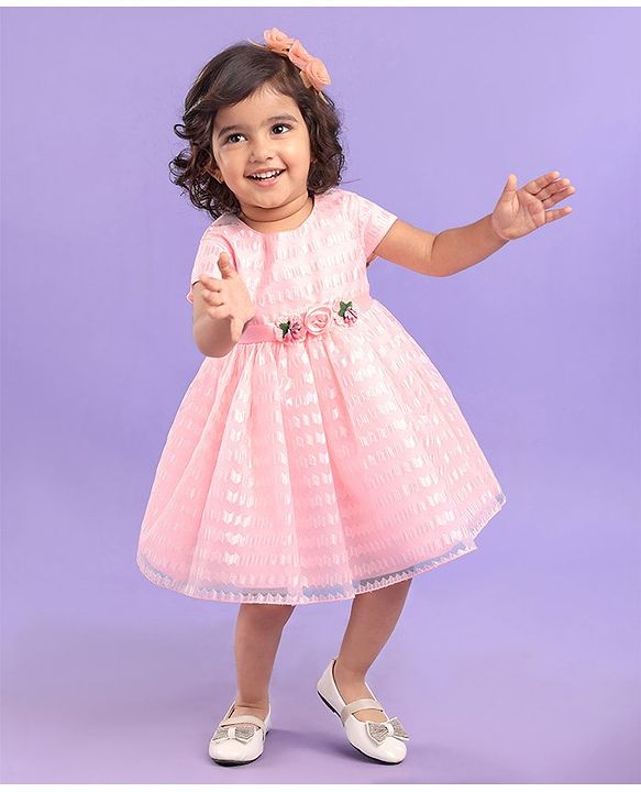 Babyhug Sleeveless Textured Party Frock with Floral Corsage - Peach