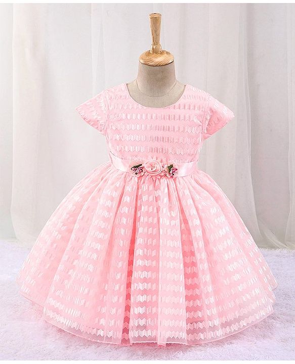 Babyhug Sleeveless Textured Party Frock with Floral Corsage - Peach
