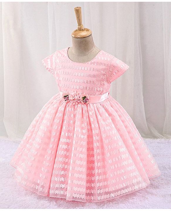 Babyhug Sleeveless Textured Party Frock with Floral Corsage - Peach
