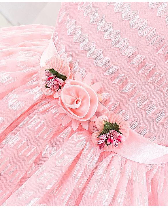 Babyhug Sleeveless Textured Party Frock with Floral Corsage - Peach