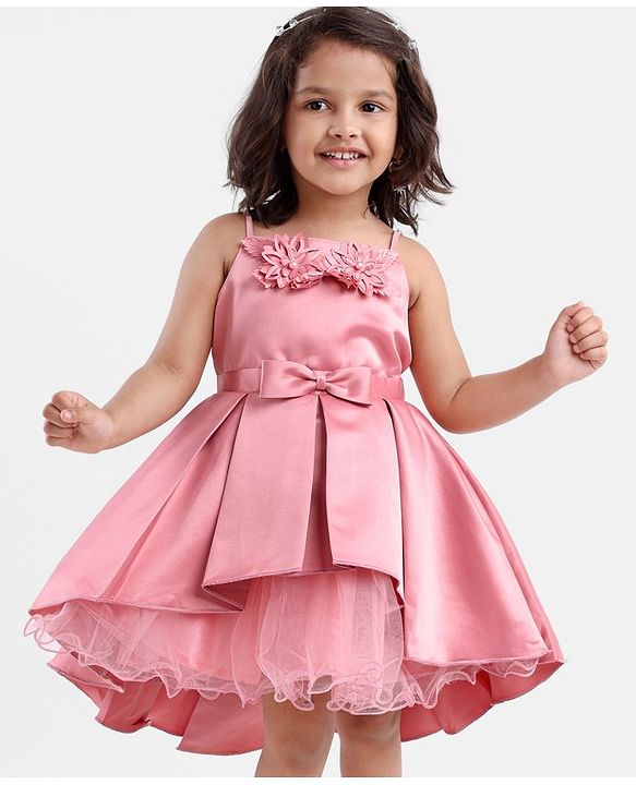 Babyhug Sleeveless Satin Party Frock With Flower Corsage - Dusty Pink