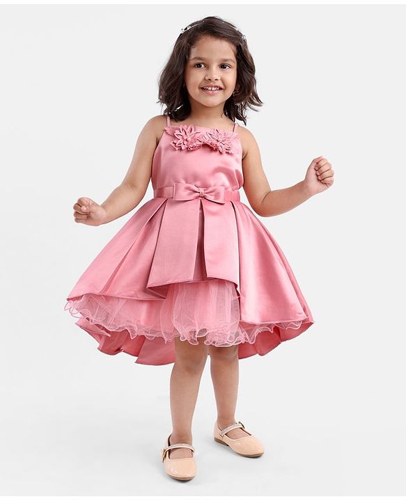Babyhug Sleeveless Satin Party Frock With Flower Corsage - Dusty Pink