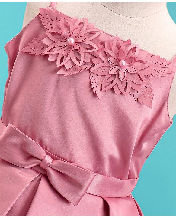 Babyhug Sleeveless Satin Party Frock With Flower Corsage - Dusty Pink