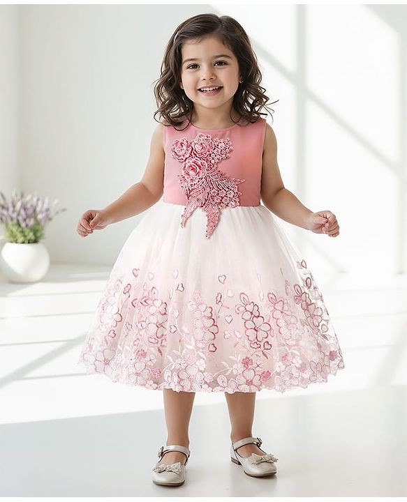 Babyhug Sleeveless Party Frock with Floral Embroidery & Corsage - Dusty Pink & White