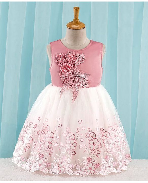 Babyhug Sleeveless Party Frock with Floral Embroidery & Corsage - Dusty Pink & White