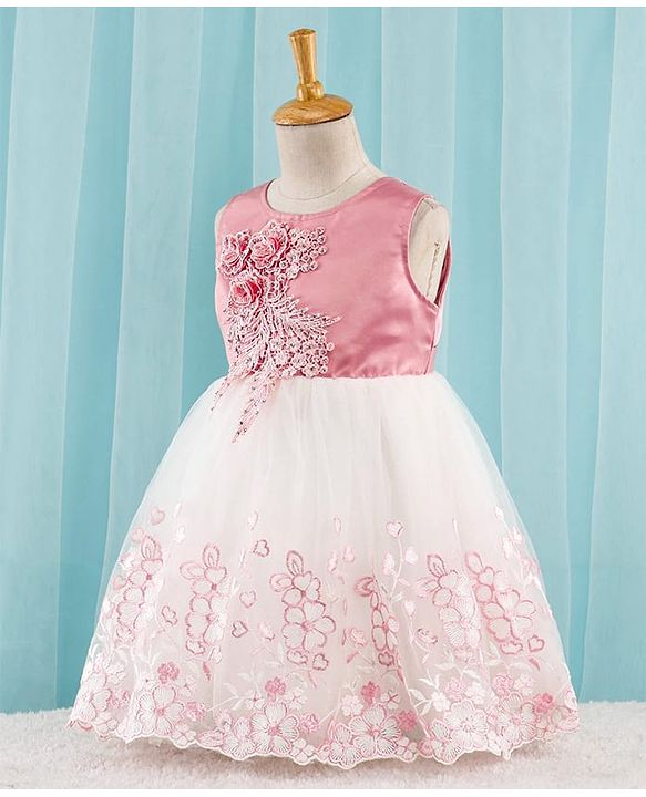 Babyhug Sleeveless Party Frock with Floral Embroidery & Corsage - Dusty Pink & White