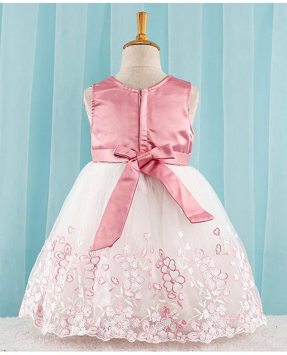 Babyhug Sleeveless Party Frock with Floral Embroidery & Corsage - Dusty Pink & White