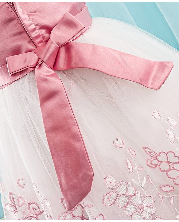 Babyhug Sleeveless Party Frock with Floral Embroidery & Corsage - Dusty Pink & White