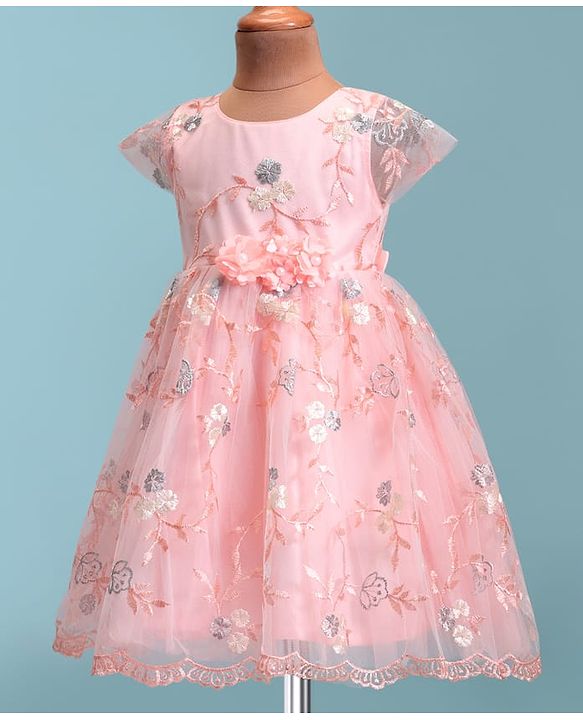Babyhug Woven Cap Sleeves Party Frock with Floral Applique  - Peach