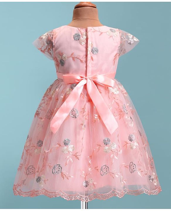 Babyhug Woven Cap Sleeves Party Frock with Floral Applique  - Peach