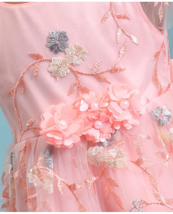 Babyhug Woven Cap Sleeves Party Frock with Floral Applique  - Peach
