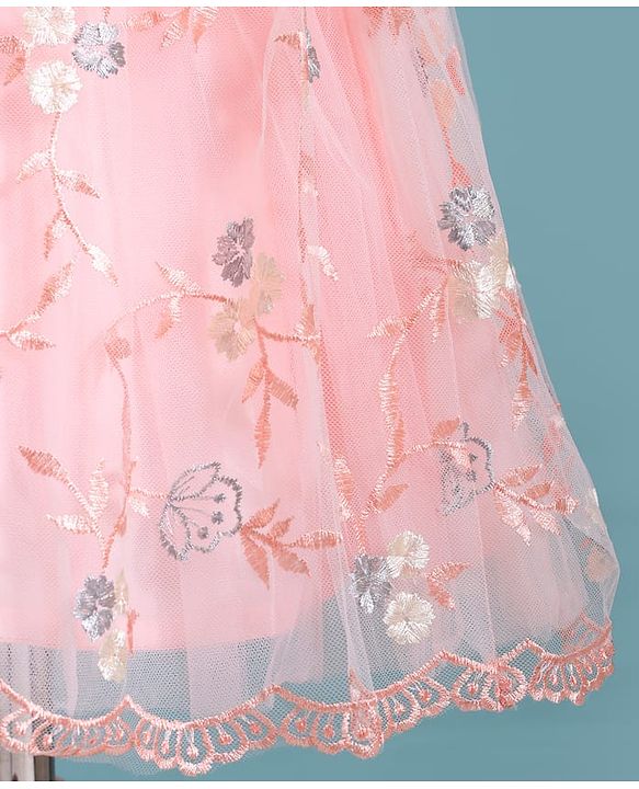 Babyhug Woven Cap Sleeves Party Frock with Floral Applique  - Peach