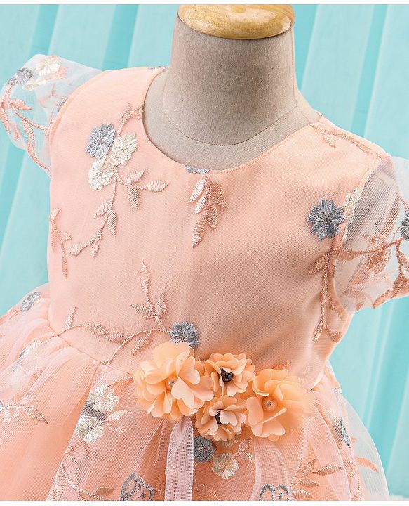 Babyhug Woven Cap Sleeves Party Frock with Floral Applique  - Peach