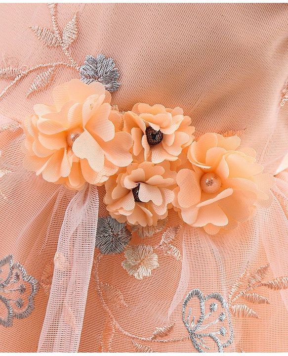 Babyhug Woven Cap Sleeves Party Frock with Floral Applique  - Peach