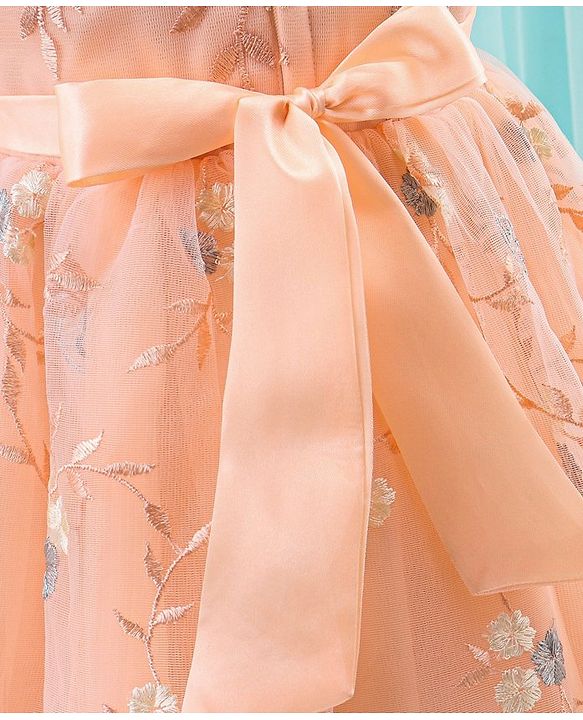 Babyhug Woven Cap Sleeves Party Frock with Floral Applique  - Peach