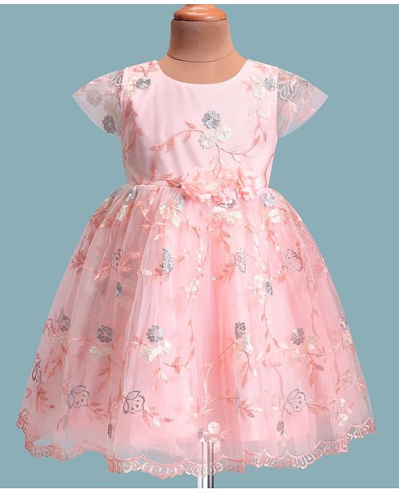 Babyhug Woven Cap Sleeves Party Frock with Floral Applique  - Peach