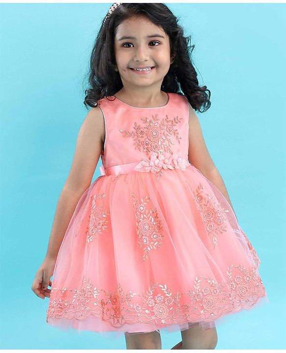 Babyhug Sleeveless Embroidered Party Frock -  Peach