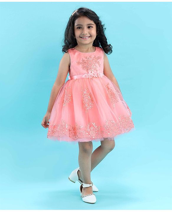 Babyhug Sleeveless Embroidered Party Frock -  Peach