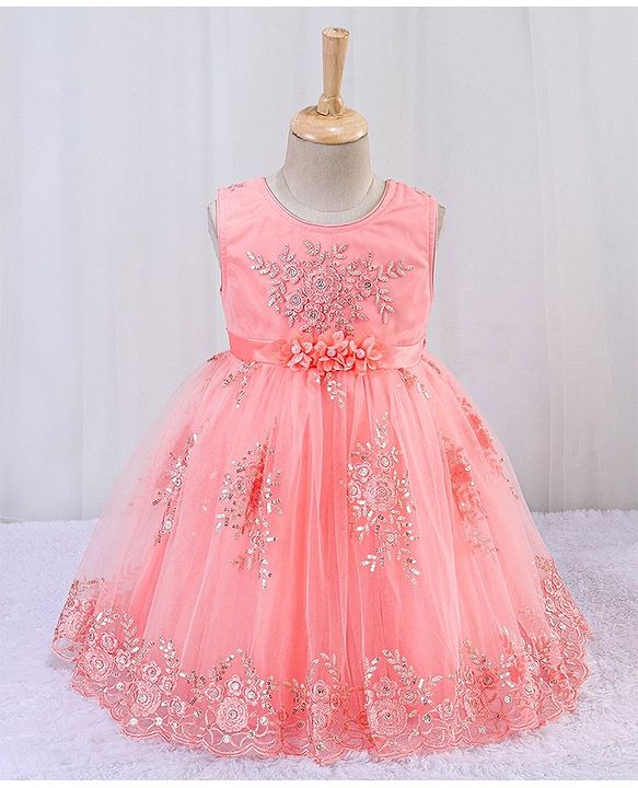 Babyhug Sleeveless Embroidered Party Frock -  Peach