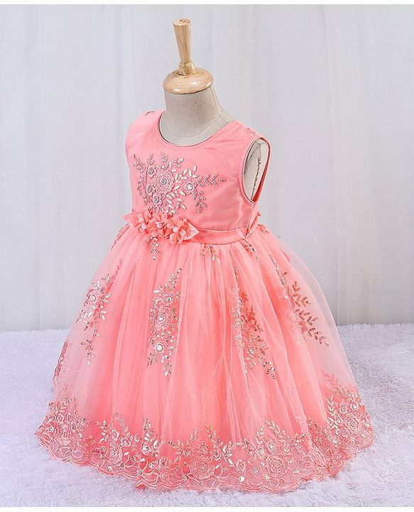 Babyhug Sleeveless Embroidered Party Frock -  Peach
