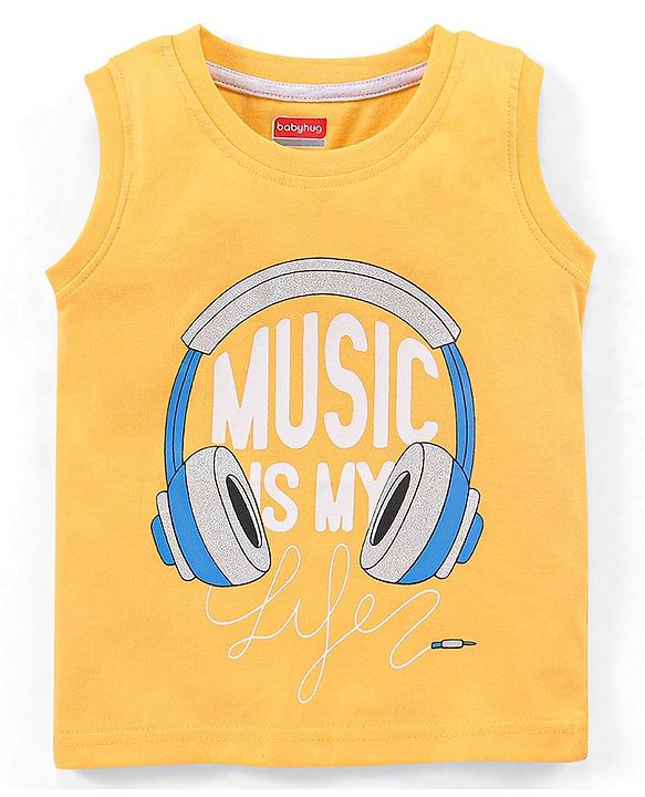 Babyhug Cotton Knit Sleeveless T-Shirts Music Print - Yellow