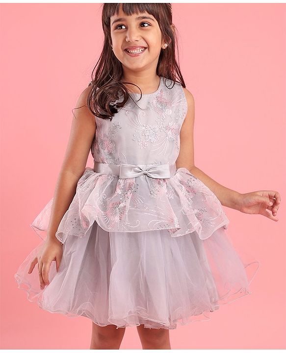 Babyhug Woven Sleeveless Party Frock with Ribbon Detailing & Floral Embroidery - Grey