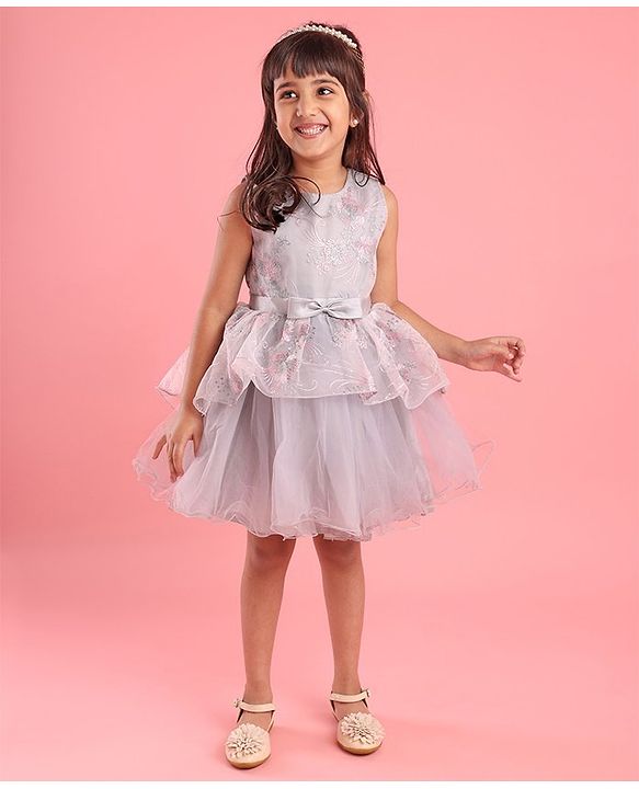 Babyhug Woven Sleeveless Party Frock with Ribbon Detailing & Floral Embroidery - Grey